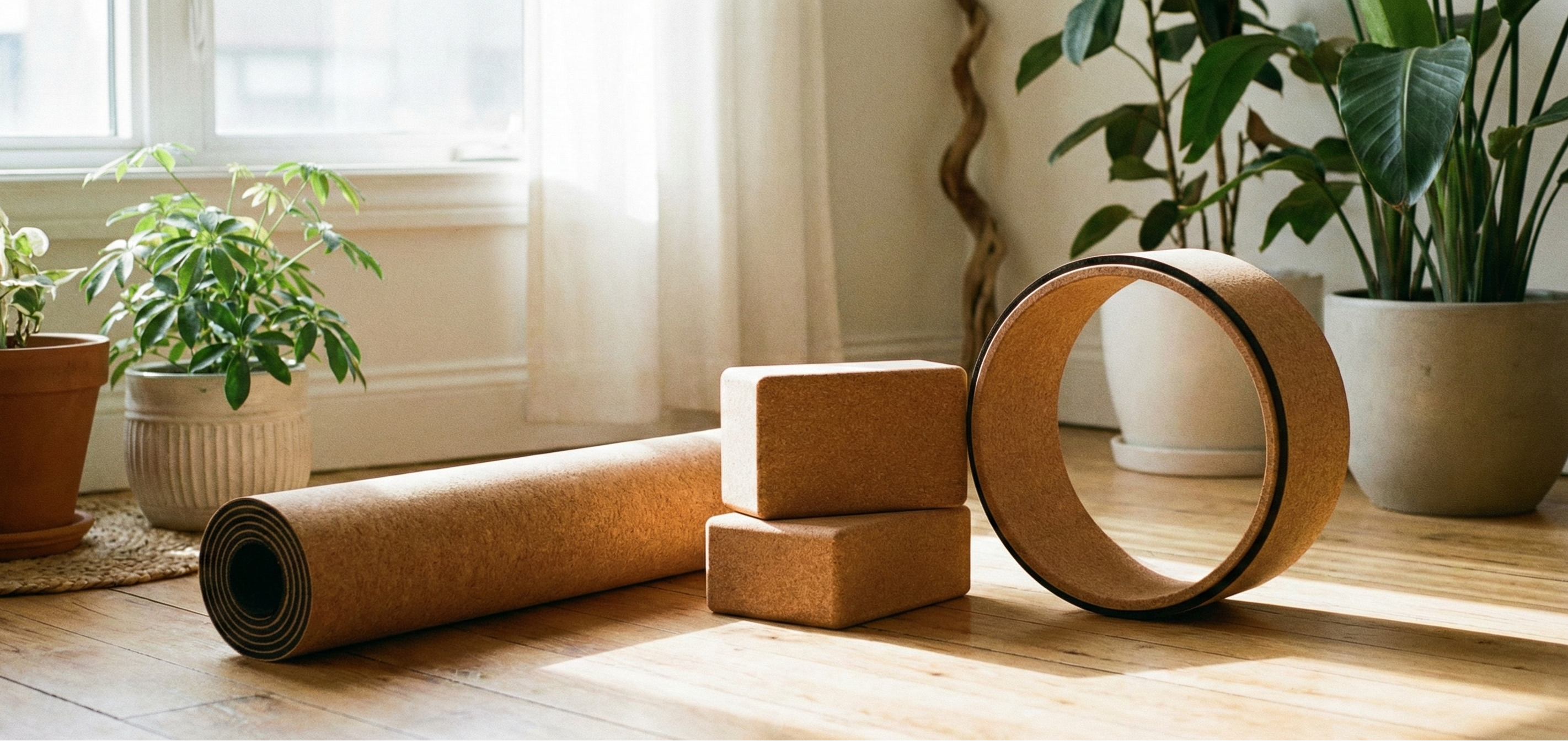 Cork yoga mat, blocks, and wheel arranged in a bright home yoga space with plants.
